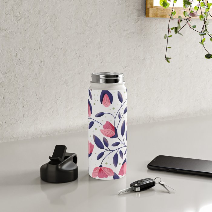 Pink and Blue Floral Tapestry, Poppy Seamless Pattern Water Bottle Gallery Image 4