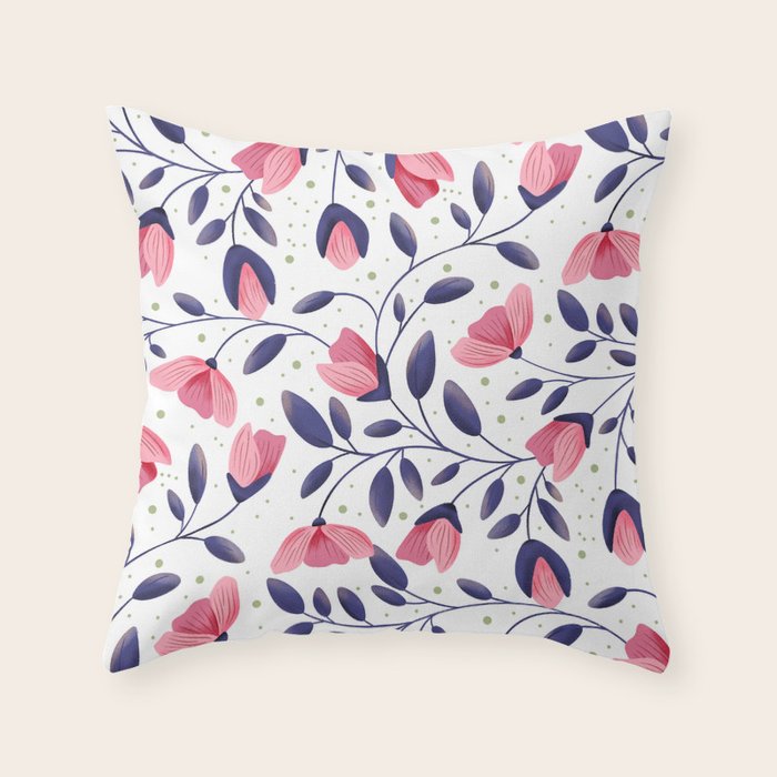 Pink and Blue Floral Tapestry, Poppy Seamless Pattern Throw Pillow Gallery Image 6