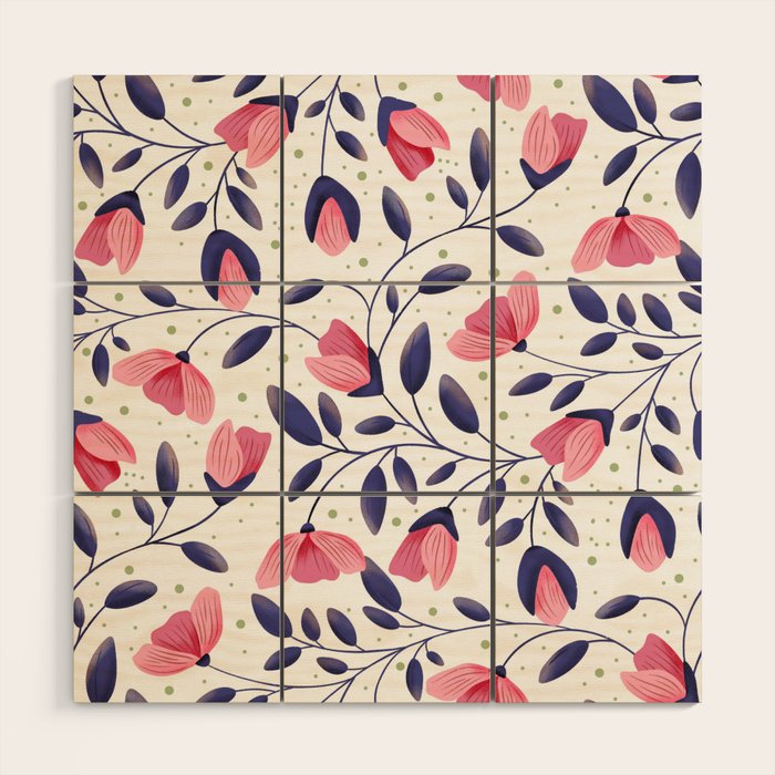 Pink and Blue Floral Tapestry, Poppy Seamless Pattern Wood Wall Art