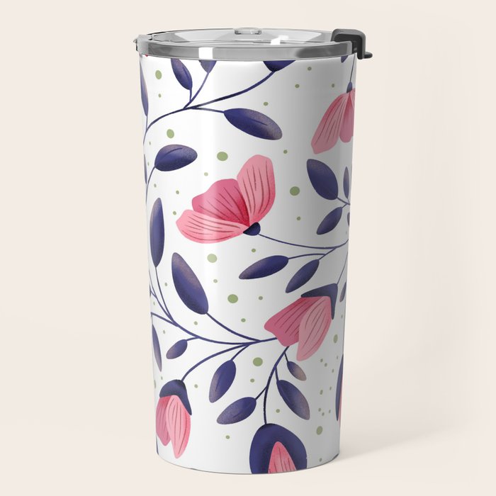 Pink and Blue Floral Tapestry, Poppy Seamless Pattern Travel Mug Gallery Image 2
