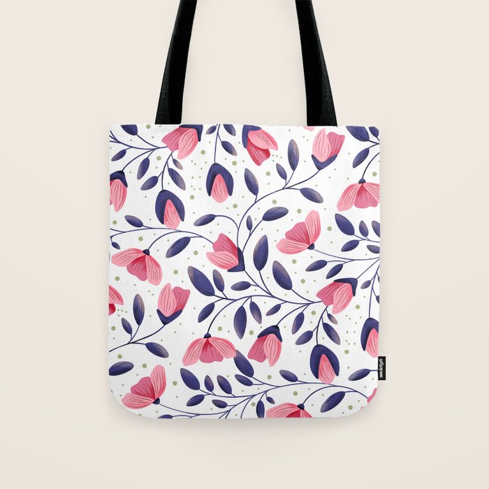Pink and Blue Floral Tapestry, Poppy Seamless Pattern Tote Bag