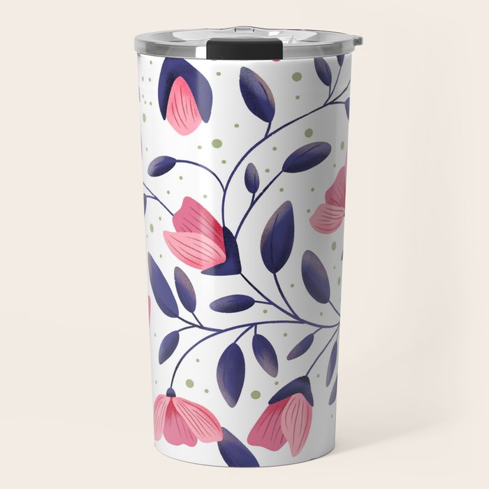 Pink and Blue Floral Tapestry, Poppy Seamless Pattern Travel Mug Gallery Image 1