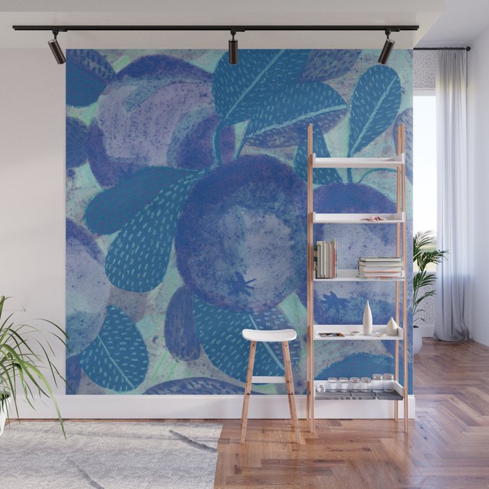 Fall Apple Orchard Painting in Cobalt Blue Wall Mural Gallery Image 1