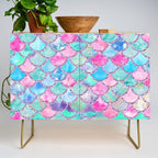 Colorful Pink and Blue Watercolor Trendy Glitter Mermaid Scales  Credenza Gallery Image 1
