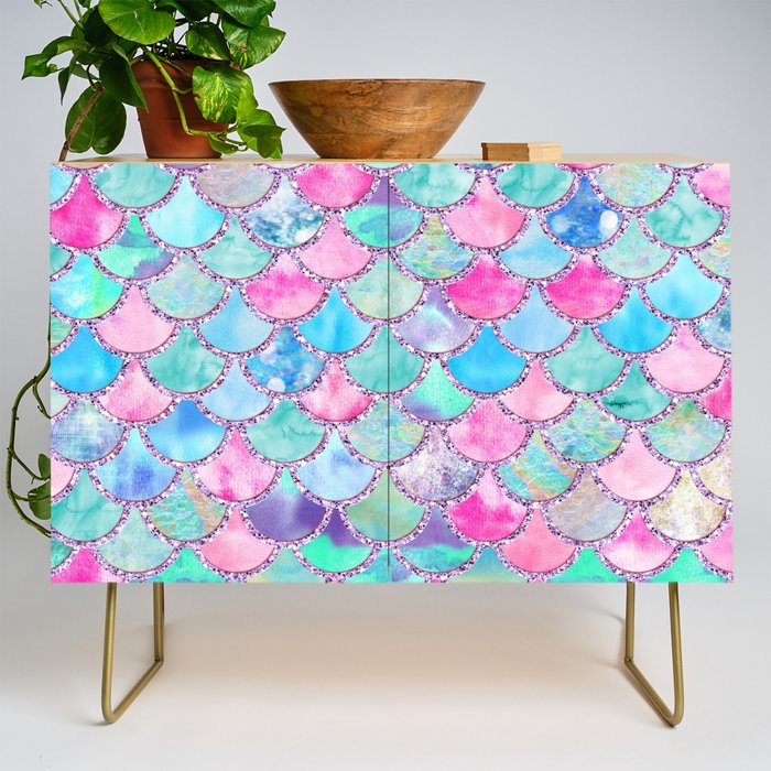Colorful Pink and Blue Watercolor Trendy Glitter Mermaid Scales  Credenza Gallery Image 1