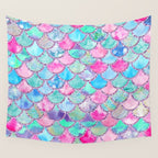 Colorful Pink and Blue Watercolor Trendy Glitter Mermaid Scales  Wall Tapestry Gallery Image 4