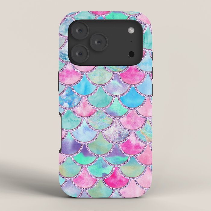 Colorful Pink and Blue Watercolor Trendy Glitter Mermaid Scales  iPhone Case Gallery Image 3