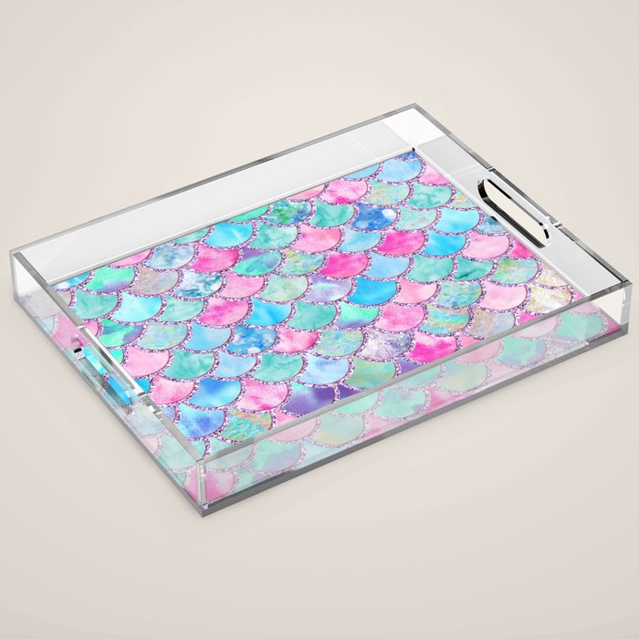 Colorful Pink and Blue Watercolor Trendy Glitter Mermaid Scales  Acrylic Tray Gallery Image 1