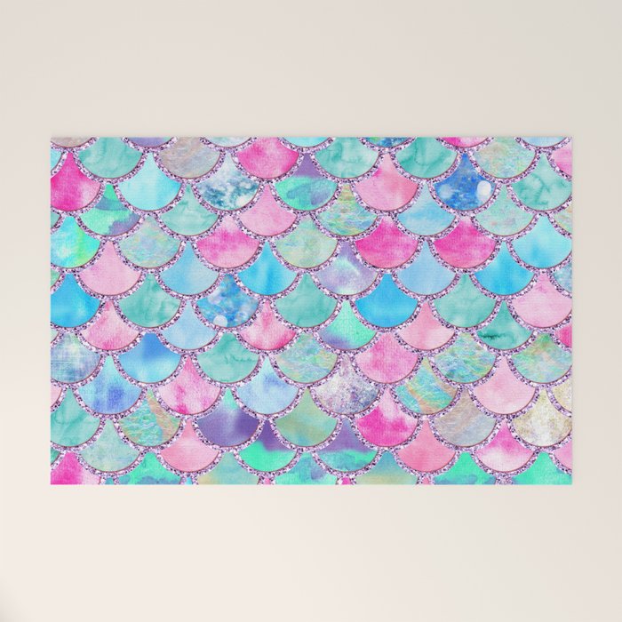 Colorful Pink and Blue Watercolor Trendy Glitter Mermaid Scales  Welcome Mat Gallery Image 1