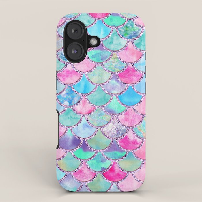 Colorful Pink and Blue Watercolor Trendy Glitter Mermaid Scales  iPhone Case Gallery Image 1