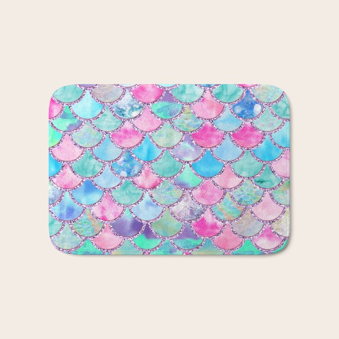 Colorful Pink and Blue Watercolor Trendy Glitter Mermaid Scales  Bath Mat Gallery Image 1