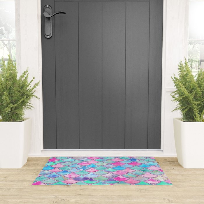 Colorful Pink and Blue Watercolor Trendy Glitter Mermaid Scales  Welcome Mat Gallery Image 3
