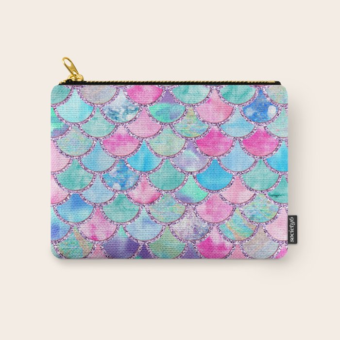 Colorful Pink and Blue Watercolor Trendy Glitter Mermaid Scales  Carry All Pouch Gallery Image 1