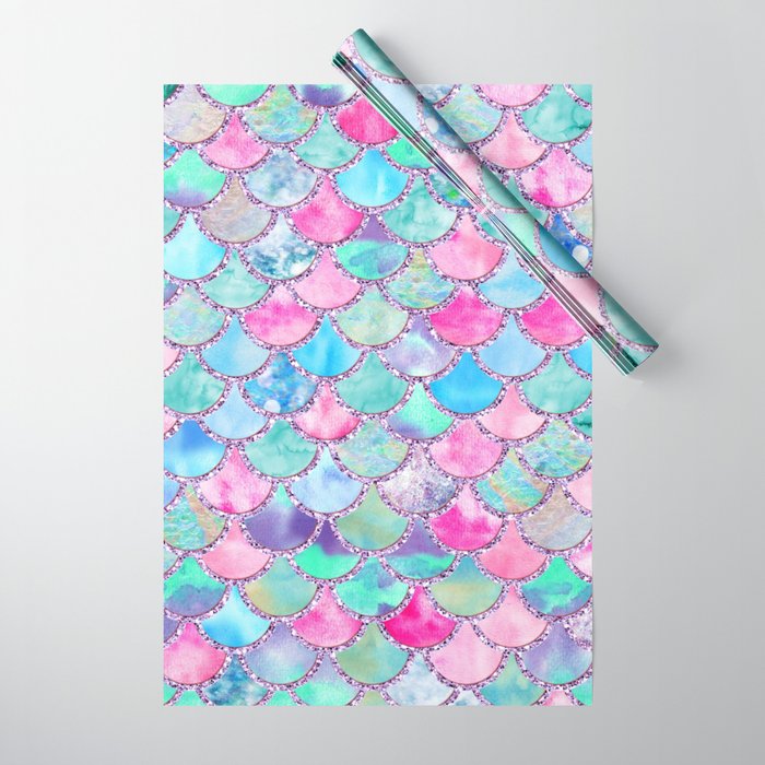 Colorful Pink and Blue Watercolor Trendy Glitter Mermaid Scales  Wrapping Paper Gallery Image 1