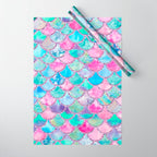 Colorful Pink and Blue Watercolor Trendy Glitter Mermaid Scales  Wrapping Paper Gallery Image 1