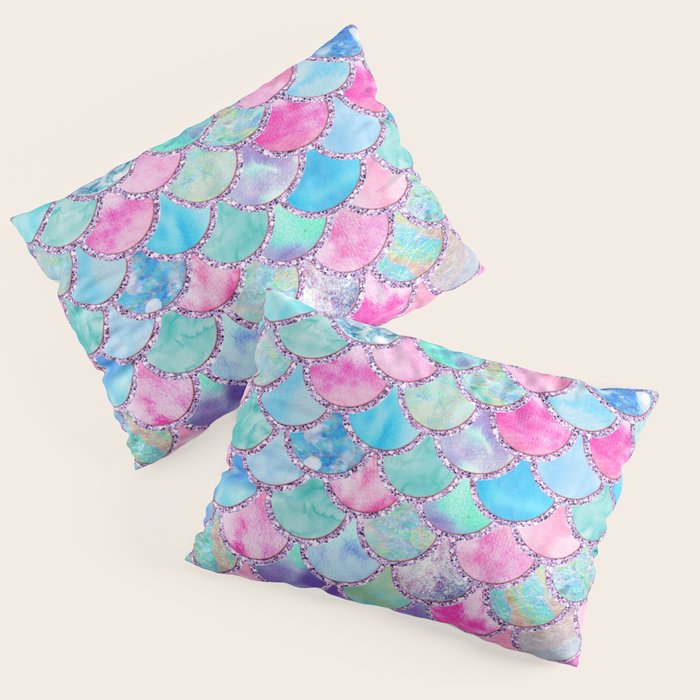 Colorful Pink and Blue Watercolor Trendy Glitter Mermaid Scales  Pillow Sham Gallery Image 3