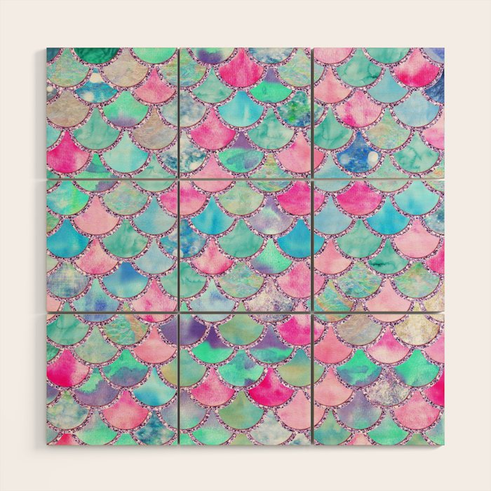 Colorful Pink and Blue Watercolor Trendy Glitter Mermaid Scales  Wood Wall Art Gallery Image 1