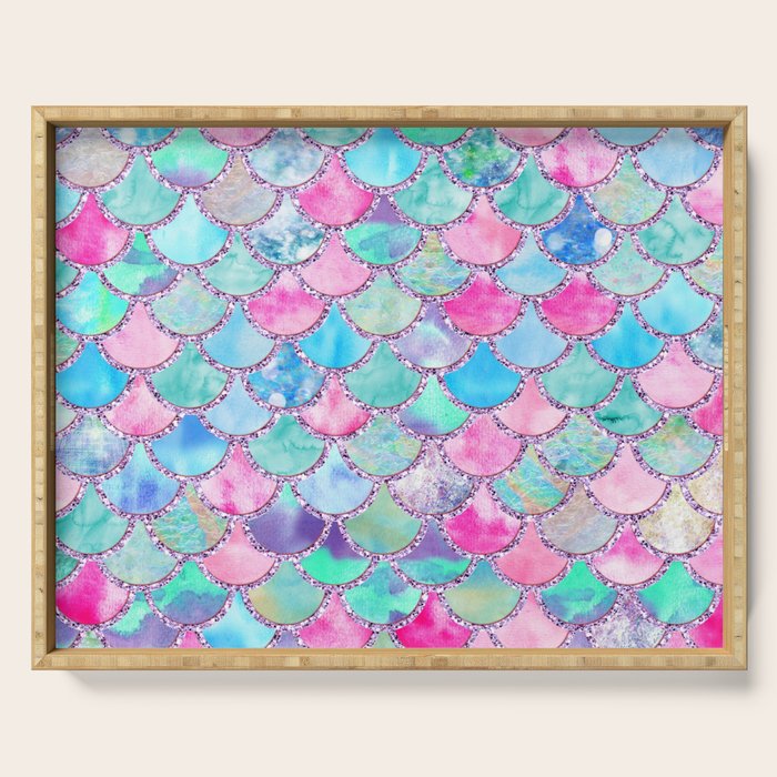 Colorful Pink and Blue Watercolor Trendy Glitter Mermaid Scales  Serving Tray Gallery Image 1