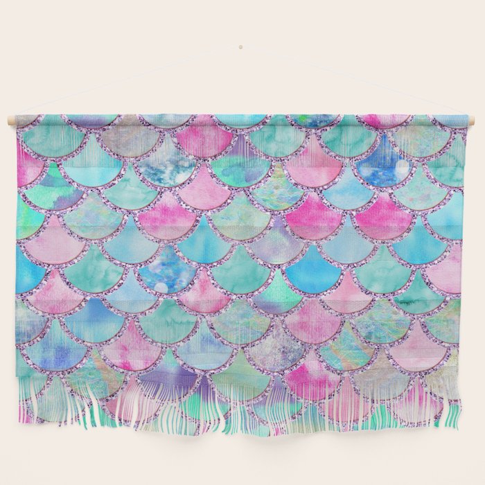 Colorful Pink and Blue Watercolor Trendy Glitter Mermaid Scales  Wall Hanging Gallery Image 1