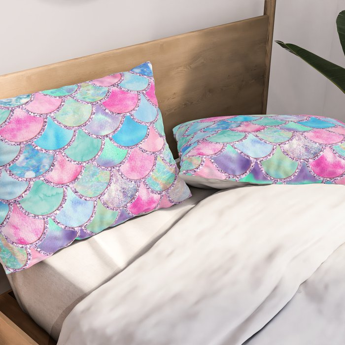 Colorful Pink and Blue Watercolor Trendy Glitter Mermaid Scales  Pillow Sham Gallery Image 2