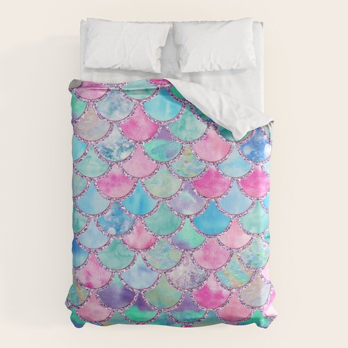 Colorful Pink and Blue Watercolor Trendy Glitter Mermaid Scales  Duvet Cover Gallery Image 1