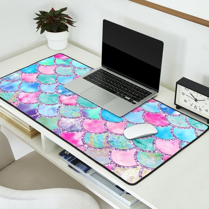 Colorful Pink and Blue Watercolor Trendy Glitter Mermaid Scales  Desk Mat Gallery Image 2