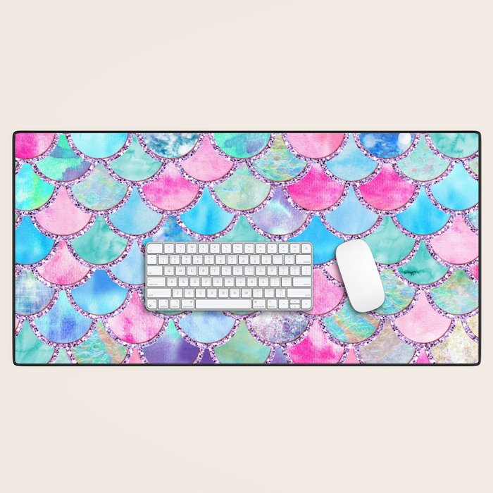 Colorful Pink and Blue Watercolor Trendy Glitter Mermaid Scales  Desk Mat Gallery Image 1