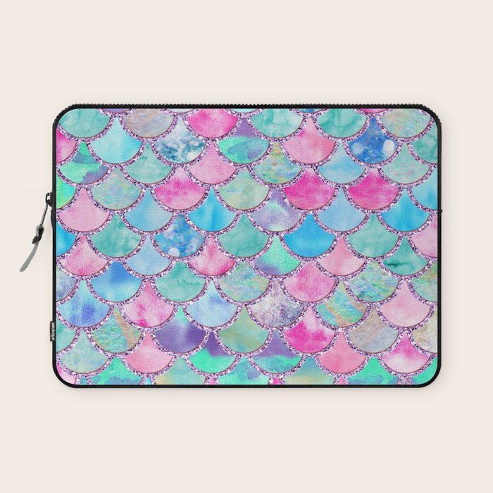 Colorful Pink and Blue Watercolor Trendy Glitter Mermaid Scales  Laptop Sleeve Gallery Image 1