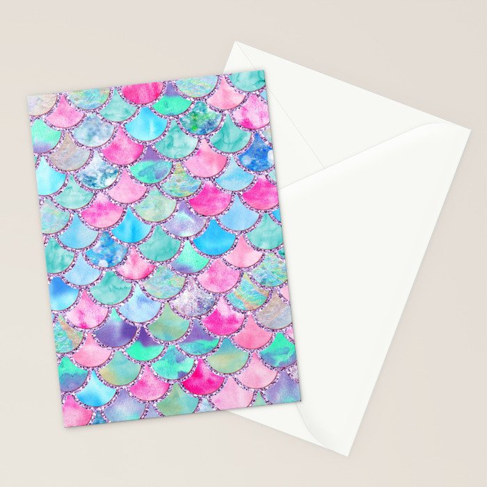 Colorful Pink and Blue Watercolor Trendy Glitter Mermaid Scales  Stationery Card Gallery Image 2