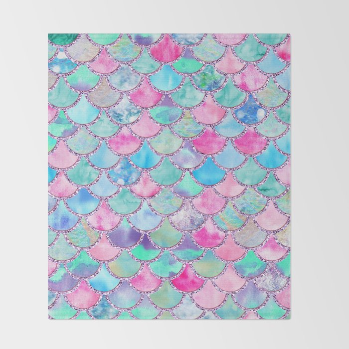 Colorful Pink and Blue Watercolor Trendy Glitter Mermaid Scales  Throw Blanket Gallery Image 2