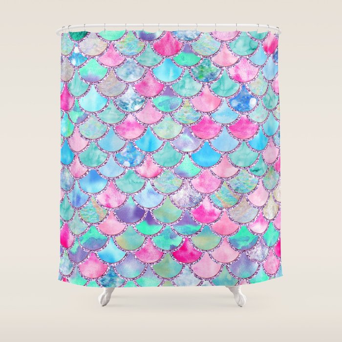 Colorful Pink and Blue Watercolor Trendy Glitter Mermaid Scales  Shower Curtain Gallery Image 1