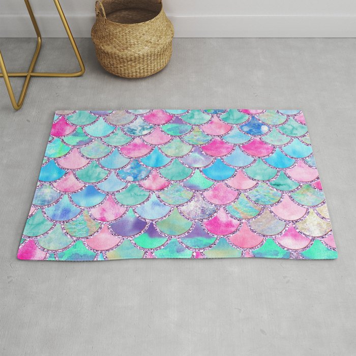 Colorful Pink and Blue Watercolor Trendy Glitter Mermaid Scales  Rug Gallery Image 1