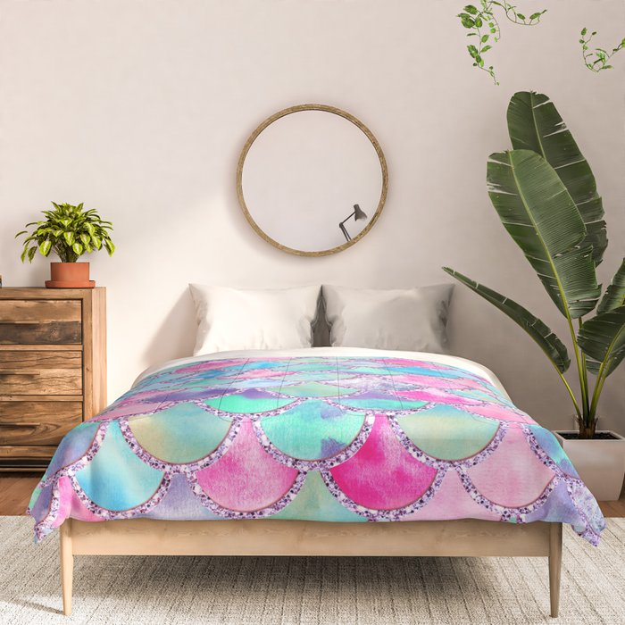 Colorful Pink and Blue Watercolor Trendy Glitter Mermaid Scales  Comforter Gallery Image 3