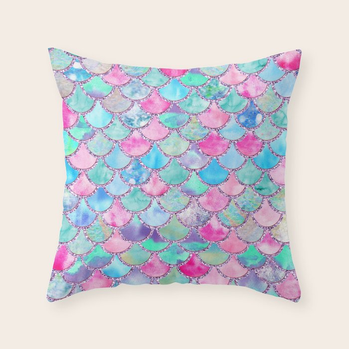 Colorful Pink and Blue Watercolor Trendy Glitter Mermaid Scales  Throw Pillow Gallery Image 6
