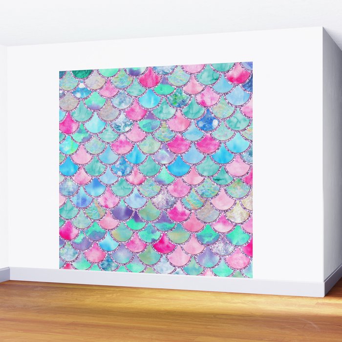 Colorful Pink and Blue Watercolor Trendy Glitter Mermaid Scales  Wall Mural Gallery Image 2