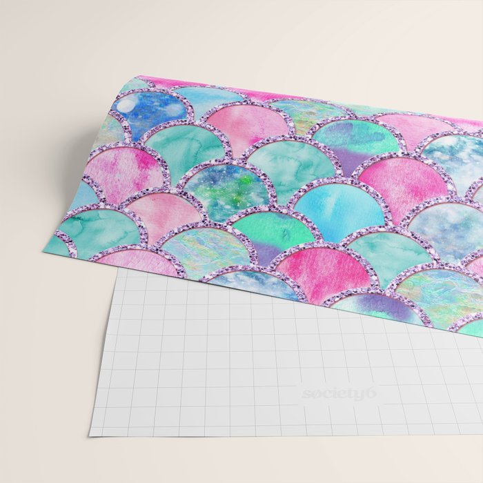 Colorful Pink and Blue Watercolor Trendy Glitter Mermaid Scales  Wrapping Paper Gallery Image 2