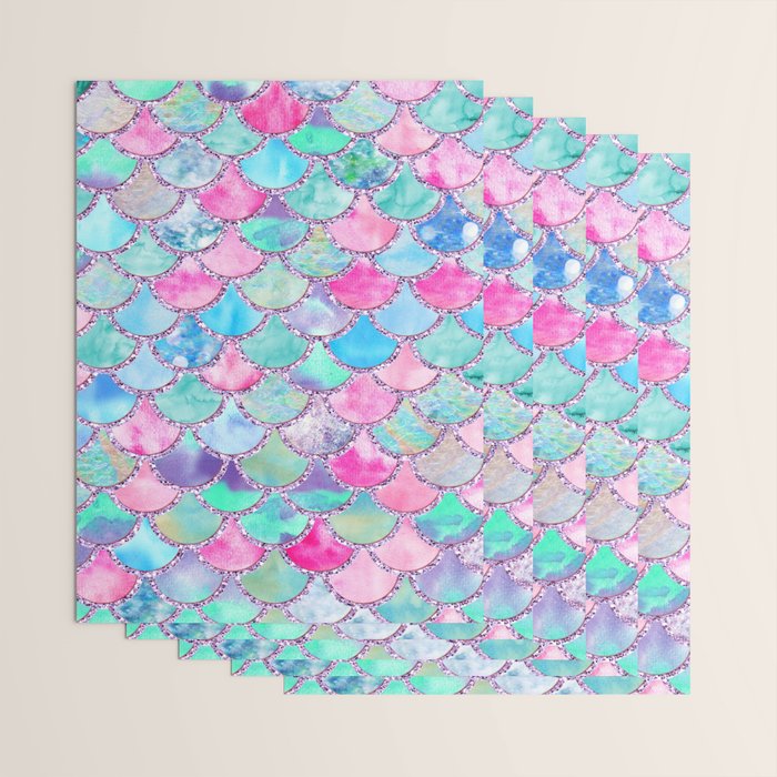 Colorful Pink and Blue Watercolor Trendy Glitter Mermaid Scales  Wrapping Paper Gallery Image 3