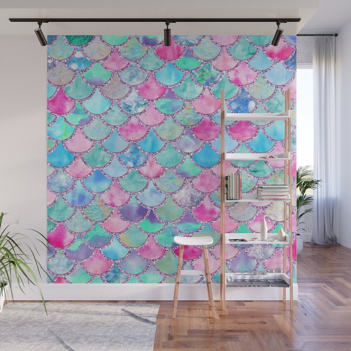 Colorful Pink and Blue Watercolor Trendy Glitter Mermaid Scales  Wall Mural Gallery Image 1