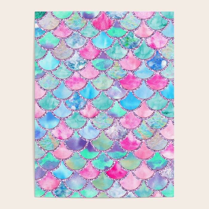 Colorful Pink and Blue Watercolor Trendy Glitter Mermaid Scales  Poster Gallery Image 1