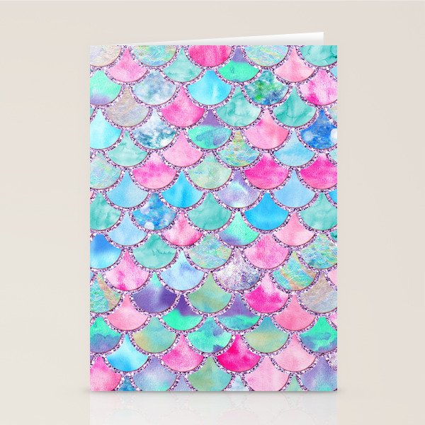 Colorful Pink and Blue Watercolor Trendy Glitter Mermaid Scales  Stationery Card Gallery Image 2