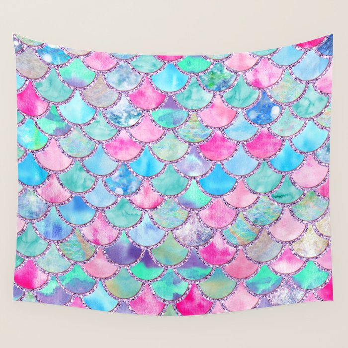 Colorful Pink and Blue Watercolor Trendy Glitter Mermaid Scales  Wall Tapestry Gallery Image 1