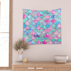 Colorful Pink and Blue Watercolor Trendy Glitter Mermaid Scales  Wall Tapestry Gallery Image 2