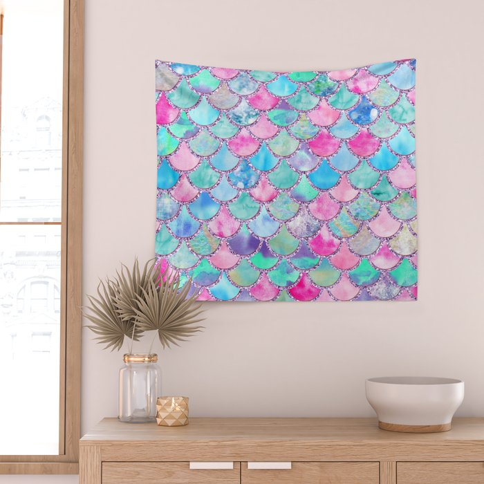 Colorful Pink and Blue Watercolor Trendy Glitter Mermaid Scales  Wall Tapestry Gallery Image 2