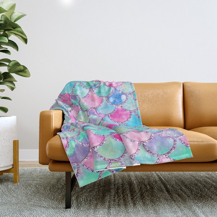 Colorful Pink and Blue Watercolor Trendy Glitter Mermaid Scales  Throw Blanket Gallery Image 1