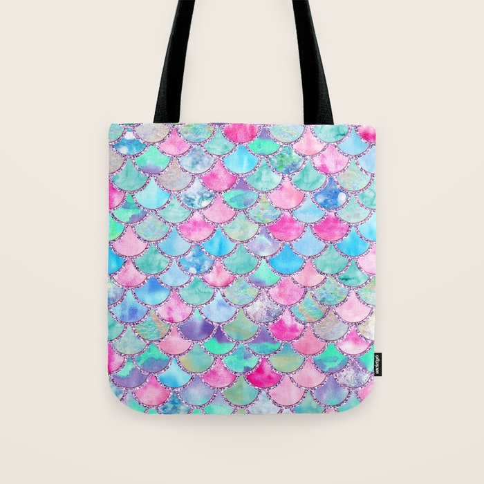Colorful Pink and Blue Watercolor Trendy Glitter Mermaid Scales  Tote Bag Gallery Image 1