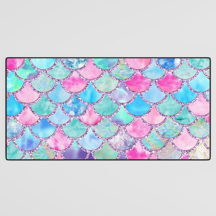 Colorful Pink and Blue Watercolor Trendy Glitter Mermaid Scales  Desk Mat Gallery Image 3