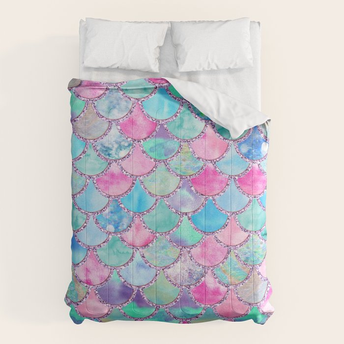 Colorful Pink and Blue Watercolor Trendy Glitter Mermaid Scales  Comforter Gallery Image 1