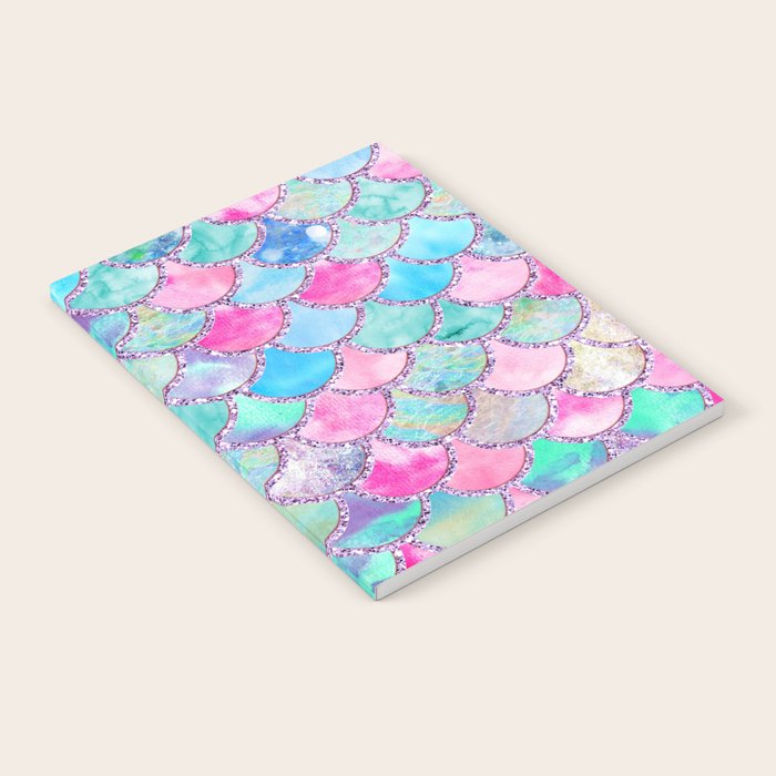 Colorful Pink and Blue Watercolor Trendy Glitter Mermaid Scales  Notebook Gallery Image 2