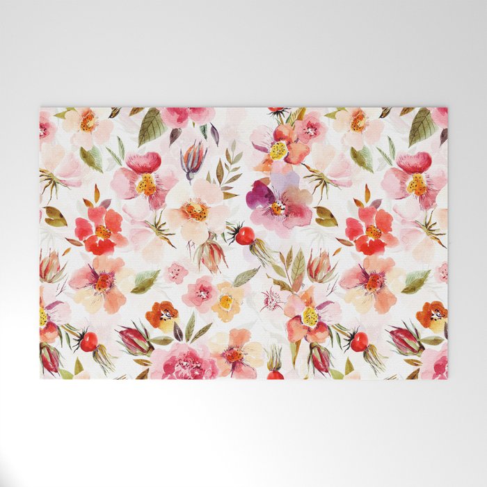 Hygge Watercolor Midsummer Dogroses Pattern  Welcome Mat Gallery Image 1