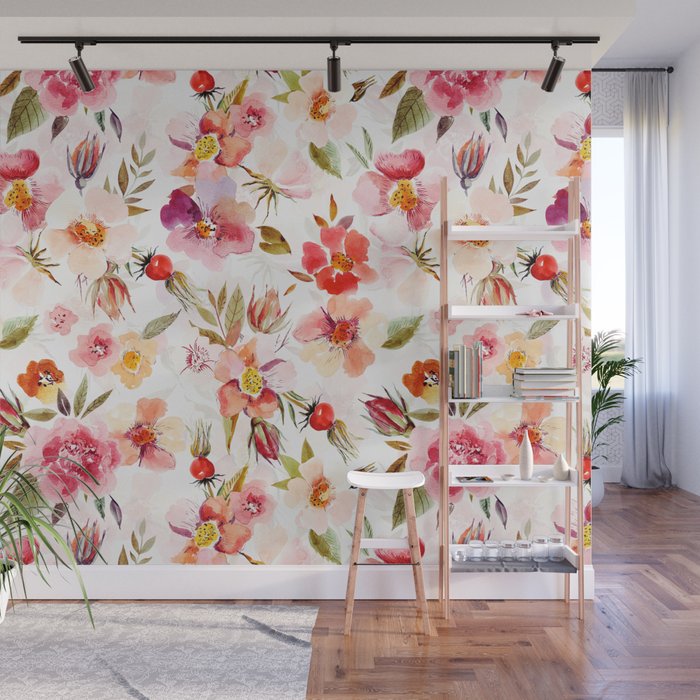 Hygge Watercolor Midsummer Dogroses Pattern  Wall Mural Gallery Image 1